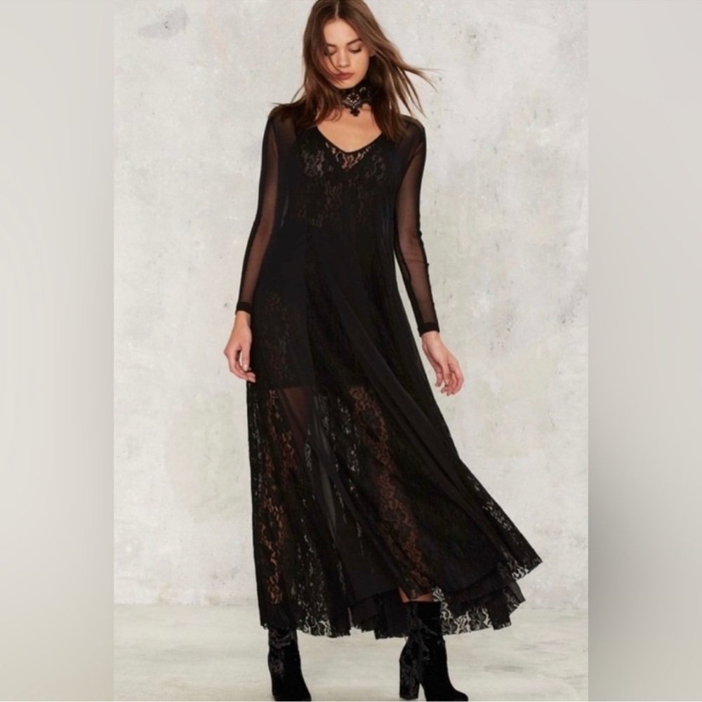 NEW WE ARE HAH MAMA C Black Mesh & Lace Bohemian Maxi Dress Sz Small Fits M & L